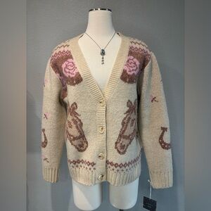 Haute Hippie by Anthropologie Beige and Pink Horse Pattern Cardigan